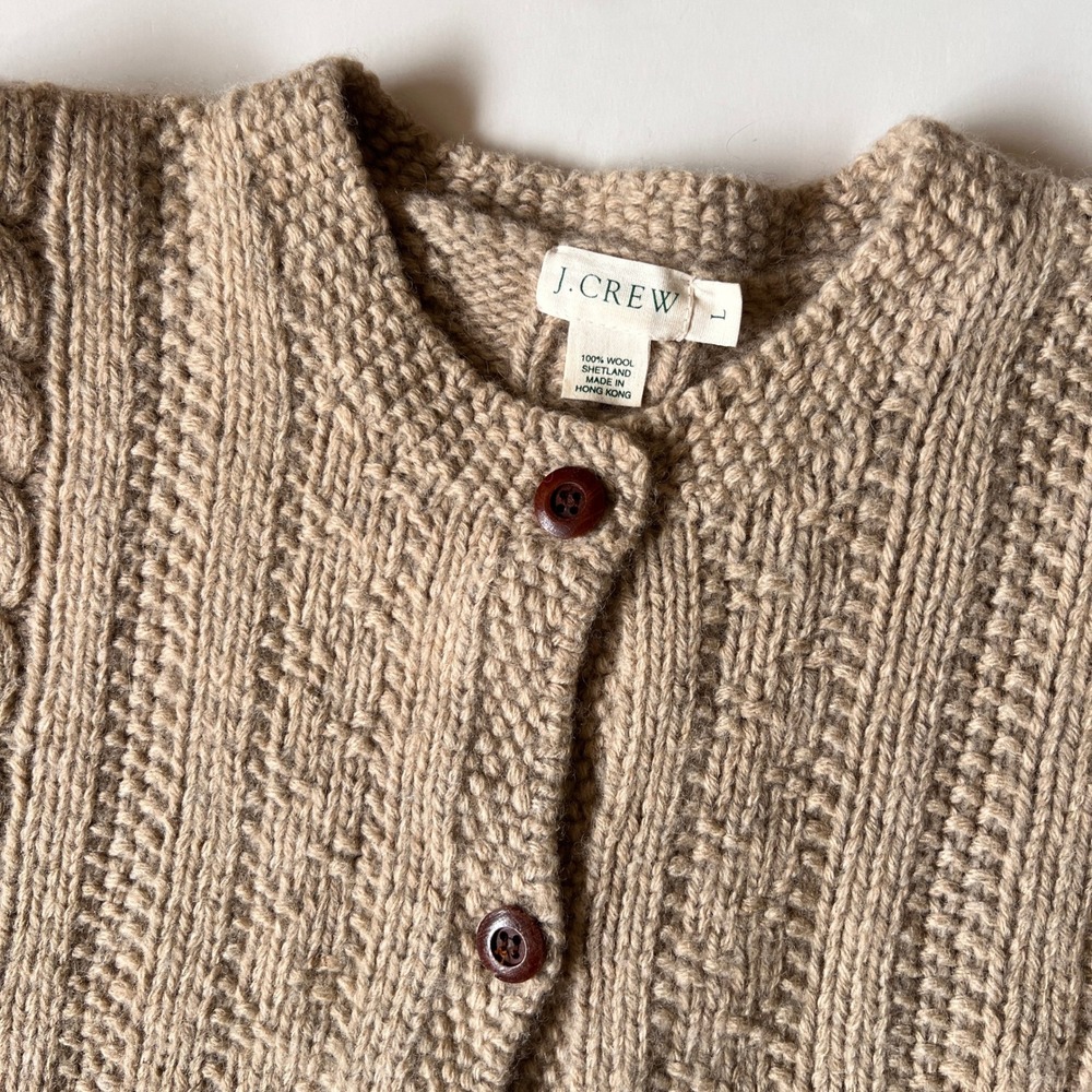Vintage J.Crew Fisherman Cardigan Sweater Shetland Wool Boxy Cable Knit Large - Picture 8 of 10